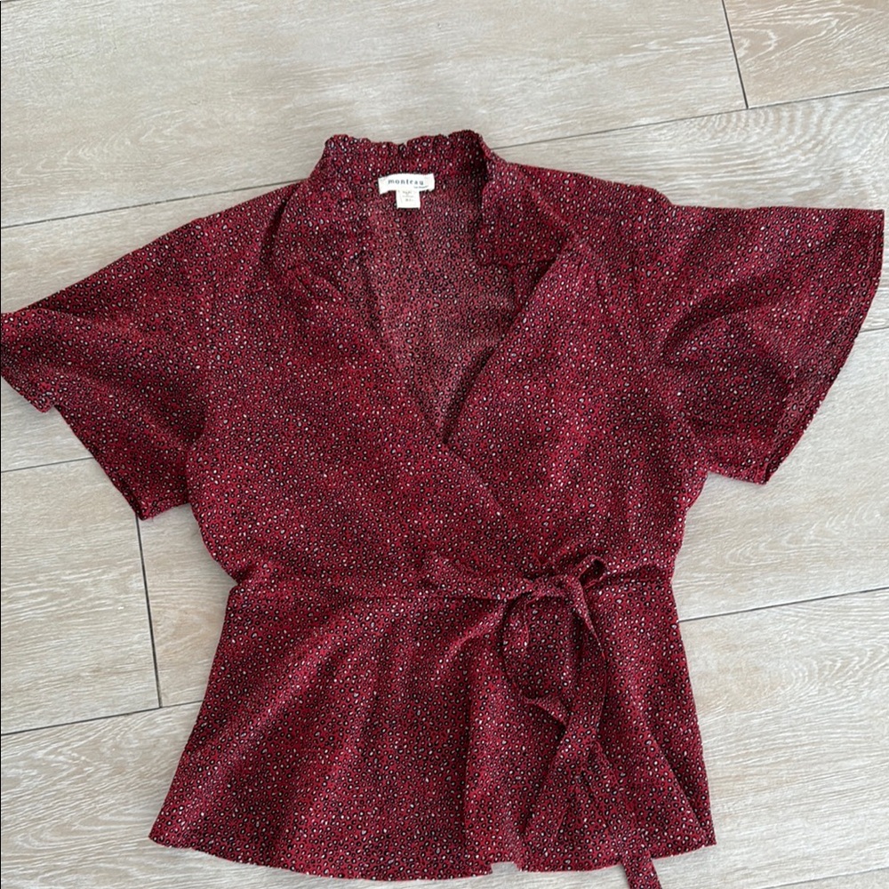 Madewell Red Wrap Blouse with Mandarin Collar and Short Sleeves